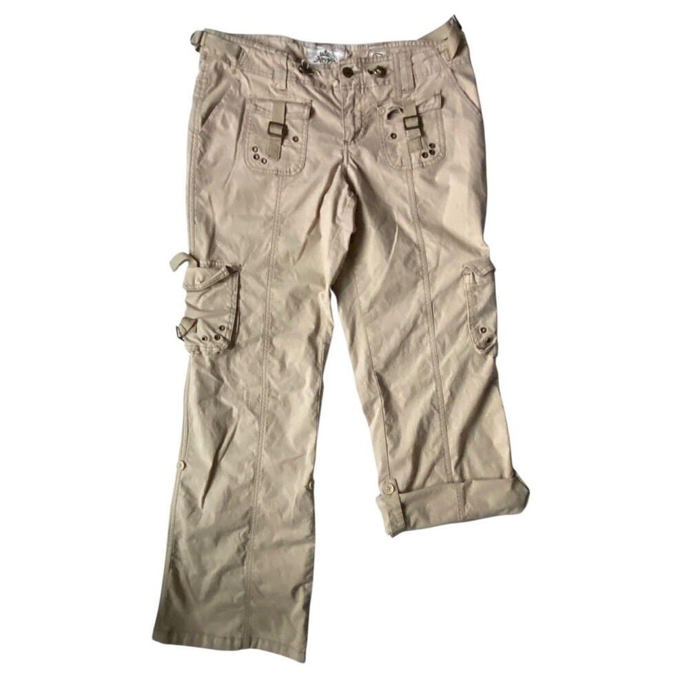 Vintage Y2K Nori Low Rise Paratrooper Cargo Pants Size 11 Tan Wide Roll Tab Leg‎